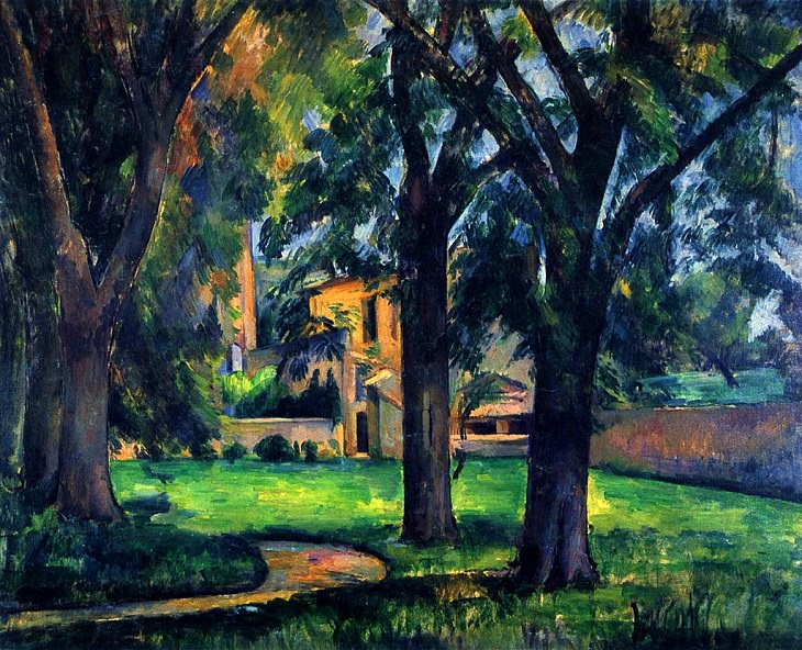 Post Impressionist works of art and paintings by highly influential French artist Paul Cézanne, the father of modern art, Chestnut Trees and Farm at Jas de Bouffan, 1885-1887