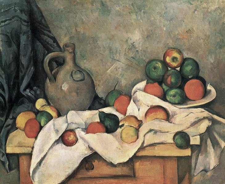 Post Impressionist works of art and paintings by highly influential French artist Paul Cézanne, the father of modern art, Still Life, Drapery, Pitcher, and Fruit Bowl, 1893-1894