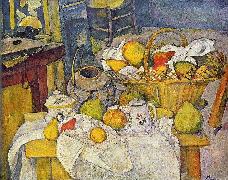 Post Impressionist works of art and paintings by highly influential French artist Paul Cézanne, the father of modern art, Kitchen Table (Still Life With Basket), 1888-1890