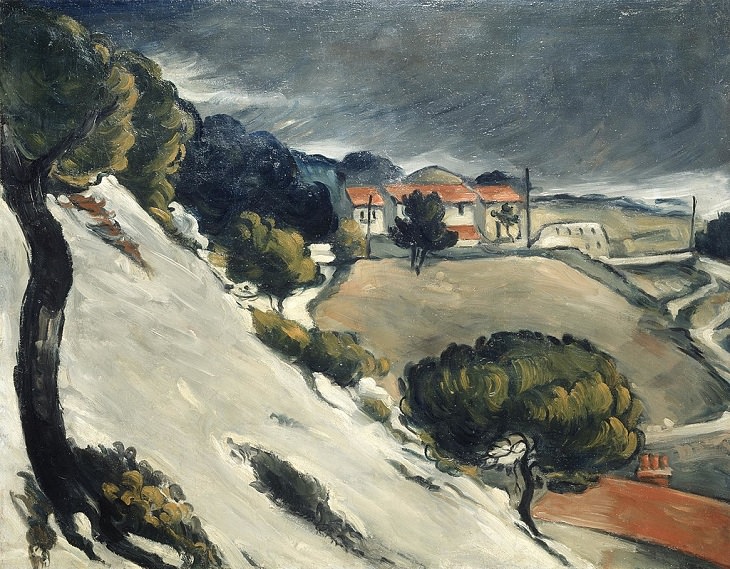 Post Impressionist works of art and paintings by highly influential French artist Paul Cézanne, the father of modern art, L'Estaque, Melting Snow, 1871