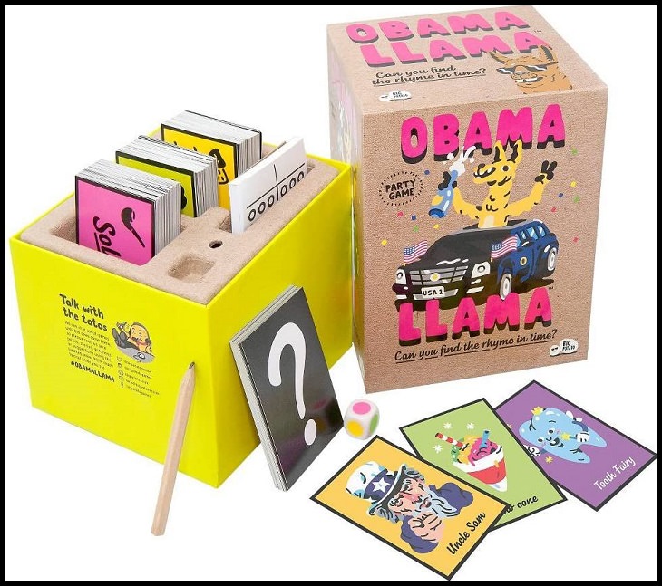 Fun word-play family board games with rhymes, puns and bad jokes, Obama Llama: The Celebrity Rhyming Party Game