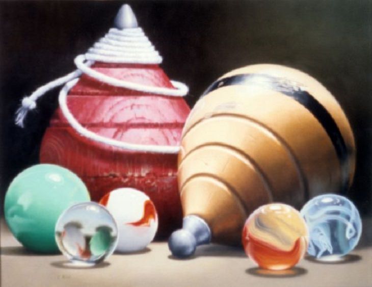 Hyper realistic paintings by 20th century photorealist and American artist Charles Bell, Tops, 1972