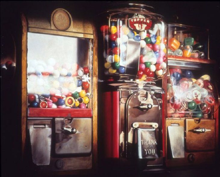 Hyper realistic paintings by 20th century photorealist and American artist Charles Bell, Thank You, Gumball V, 1974