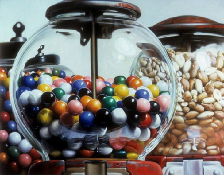 Hyper realistic paintings by 20th century photorealist and American artist Charles Bell, Gumball II, 1973