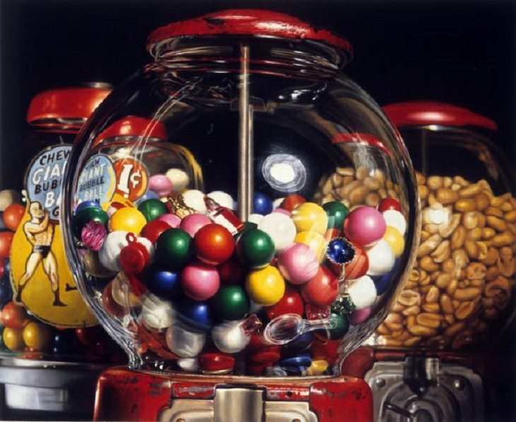 Hyper realistic paintings by 20th century photorealist and American artist Charles Bell, The Ultimate Gumball, 1978