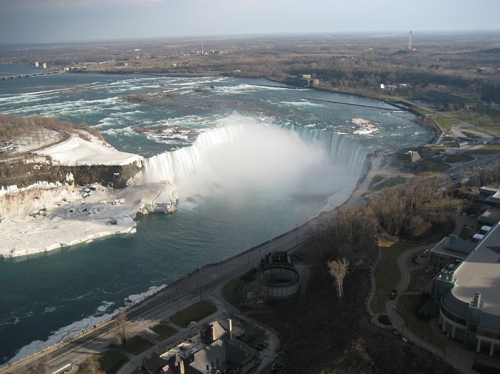 Sights, trails, cruises, activities, natural wonders and fun family events found at Niagara Falls between New York, United States and Ontario, Canada, An aerial view of Goat Island beside Horseshoe Falls