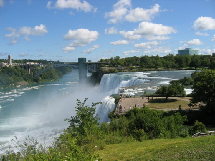 Sights, trails, cruises, activities, natural wonders and fun family events found at Niagara Falls between New York, United States and Ontario, Canada, The Rainbow Bridge as seen from Goat Island