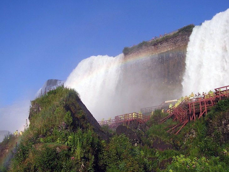Sights, trails, cruises, activities, natural wonders and fun family events found at Niagara Falls between New York, United States and Ontario, Canada, A rainbow hovers over the Cave of the Winds Tour