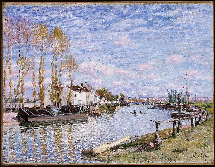 Painted landscape and other works of art made by 19th century impressionist painter Alfred Sisley, The Loing at Saint-Mammès, 1881