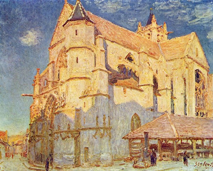 Painted landscape and other works of art made by 19th century impressionist painter Alfred Sisley, The Church at Moret in the Morning Sun, 1893