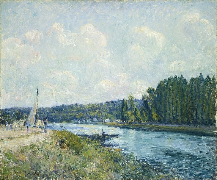 Painted landscape and other works of art made by 19th century impressionist painter Alfred Sisley, The Banks of the Oise, 1878