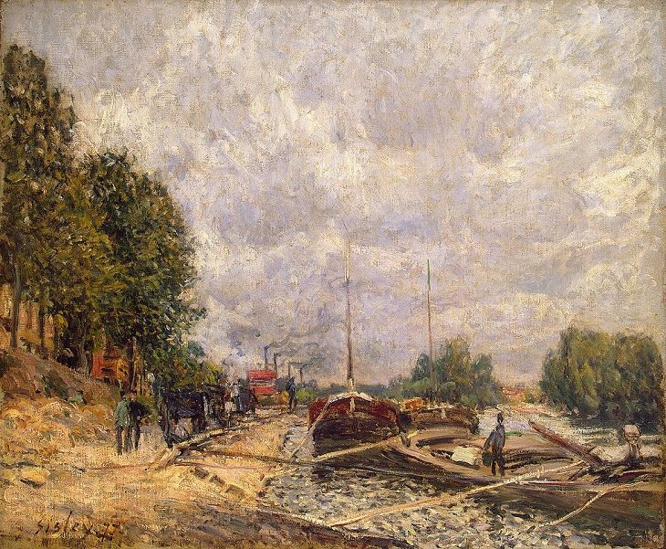 Painted landscape and other works of art made by 19th century impressionist painter Alfred Sisley, Barges at Billancourt, 1877