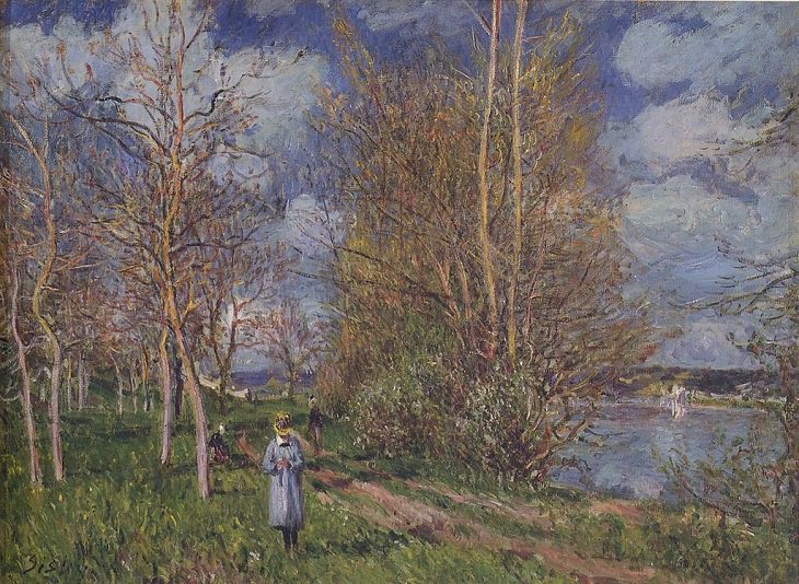 Painted landscape and other works of art made by 19th century impressionist painter Alfred Sisley, The Small Meadows in Spring, 1880