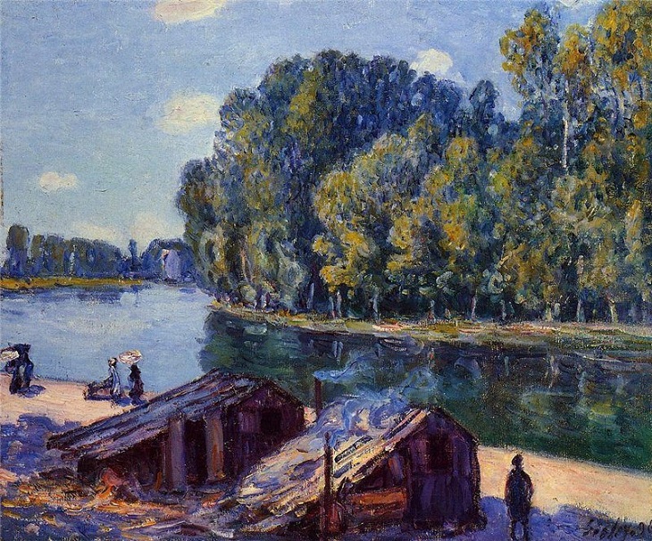 Painted landscape and other works of art made by 19th century impressionist painter Alfred Sisley, Cabins along the Loing Canal, Sunlight Effect, 1896