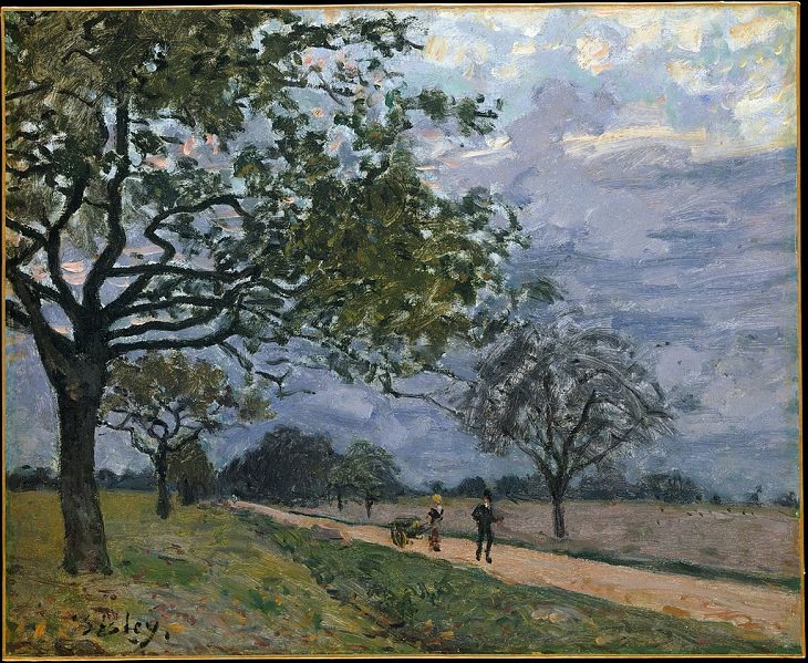 Painted landscape and other works of art made by 19th century impressionist painter Alfred Sisley, The Road from Versailles to Louveciennes , 1879