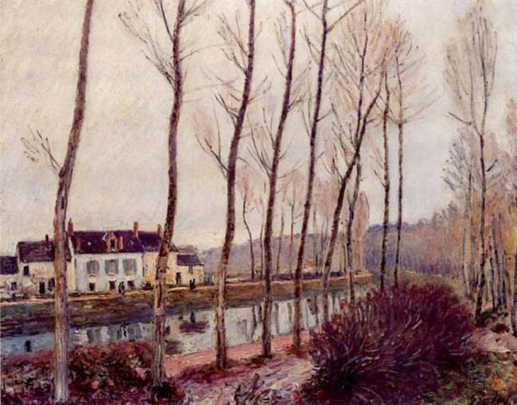 Painted landscape and other works of art made by 19th century impressionist painter Alfred Sisley, The Canal du Loing in Winter, 1891