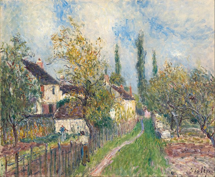 Painted landscape and other works of art made by 19th century impressionist painter Alfred Sisley, Path at Sablons, 1883