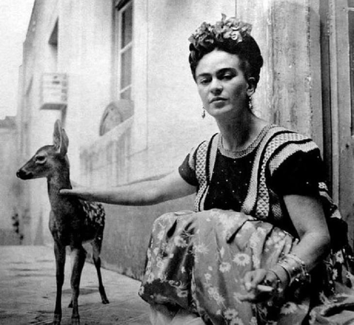 Celebrities and famous people that had strange and wild animals as exotic pets, Frida Kahlo and her pet deer, Granizo