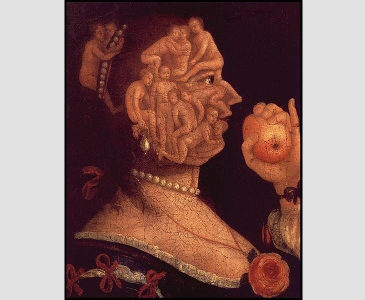 Portraits created with shapes of fruits, veggies and elements of nature by 16th century Italian mannerist artist from Renaissance period, Guiseppe Arcimboldo, Portrait of Eve, 1578