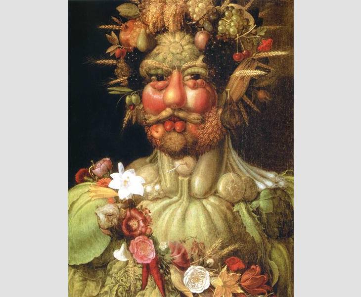 Portraits created with shapes of fruits, veggies and elements of nature by 16th century Italian mannerist artist from Renaissance period, Guiseppe Arcimboldo, Vertumnus (Emperor Rudolph II), 1591