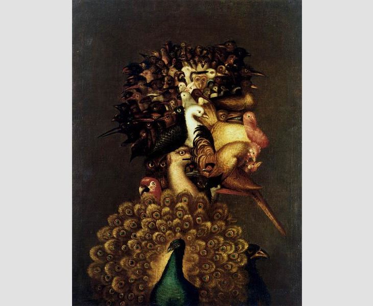 Portraits created with shapes of fruits, veggies and elements of nature by 16th century Italian mannerist artist from Renaissance period, Guiseppe Arcimboldo, Four Elements, Air, 1566
