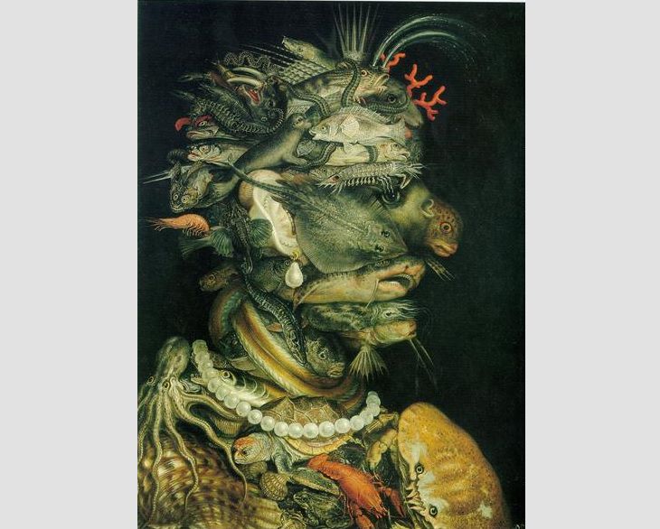 Portraits created with shapes of fruits, veggies and elements of nature by 16th century Italian mannerist artist from Renaissance period, Guiseppe Arcimboldo, Four Elements, Water, 1566