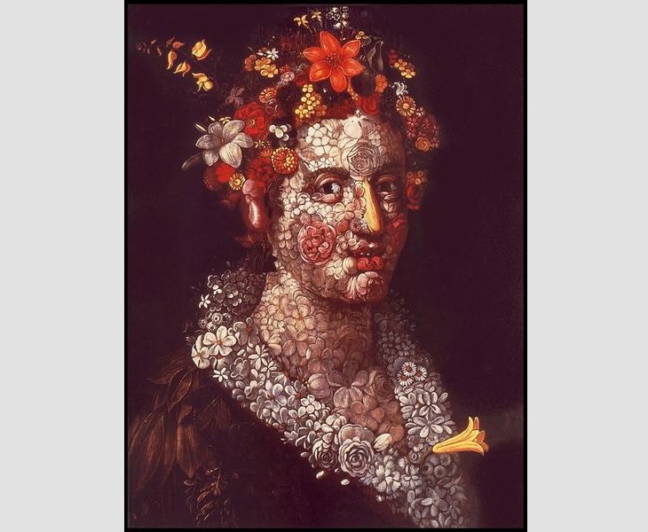 Portraits created with shapes of fruits, veggies and elements of nature by 16th century Italian mannerist artist from Renaissance period, Guiseppe Arcimboldo, Flora, 1588