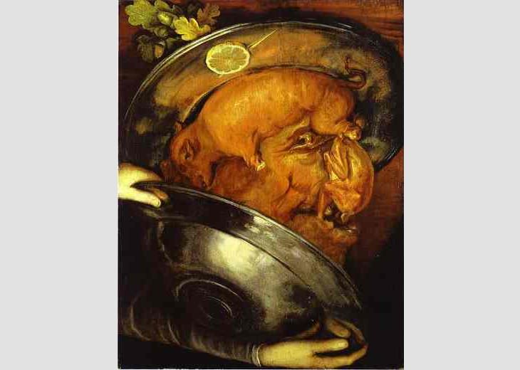 Portraits created with shapes of fruits, veggies and elements of nature by 16th century Italian mannerist artist from Renaissance period, Guiseppe Arcimboldo, The Cook, 1570
