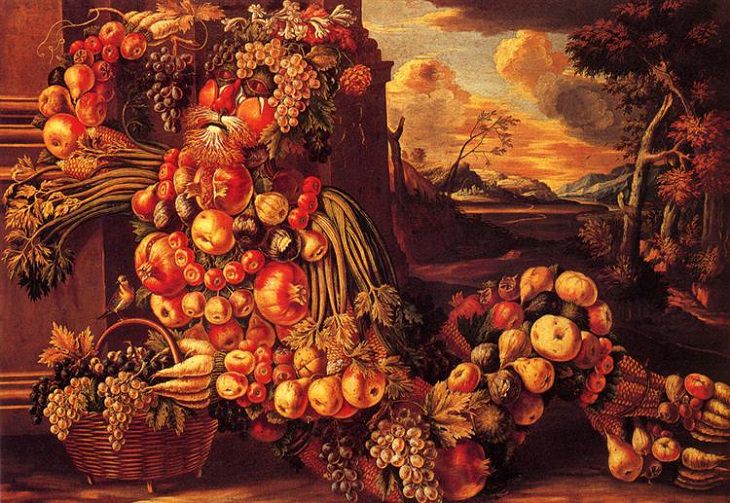 Portraits created with shapes of fruits, veggies and elements of nature by 16th century Italian mannerist artist from Renaissance period, Guiseppe Arcimboldo, Seated Figure of Summer, 1573
