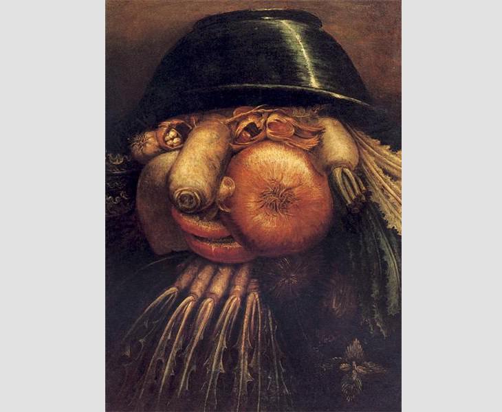 Portraits created with shapes of fruits, veggies and elements of nature by 16th century Italian mannerist artist from Renaissance period, Guiseppe Arcimboldo, The Vegetable Gardener, 1590