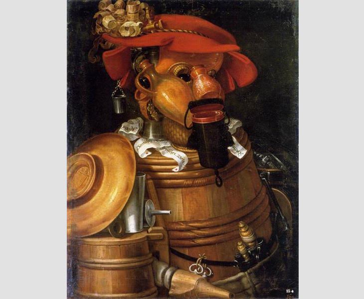 Portraits created with shapes of fruits, veggies and elements of nature by 16th century Italian mannerist artist from Renaissance period, Guiseppe Arcimboldo, The Waiter, 1574