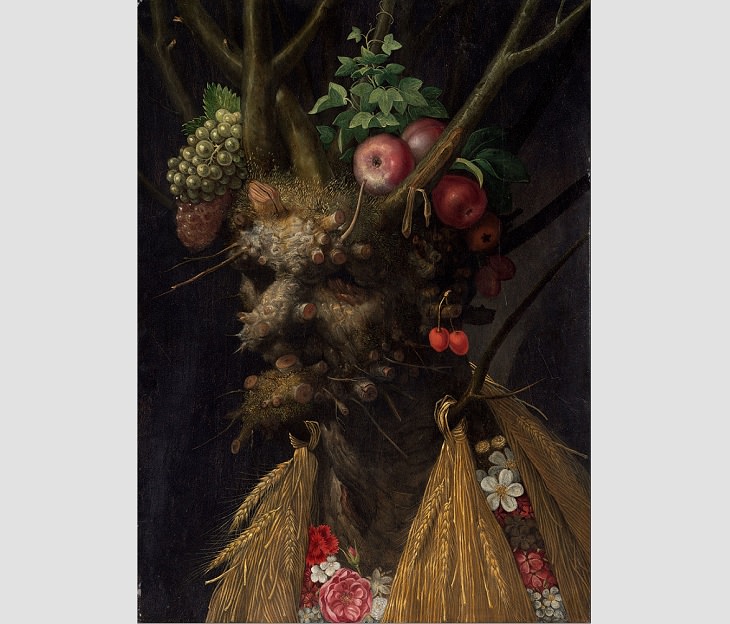 Portraits created with shapes of fruits, veggies and elements of nature by 16th century Italian mannerist artist from Renaissance period, Guiseppe Arcimboldo, Four Seasons in One Head, 1590