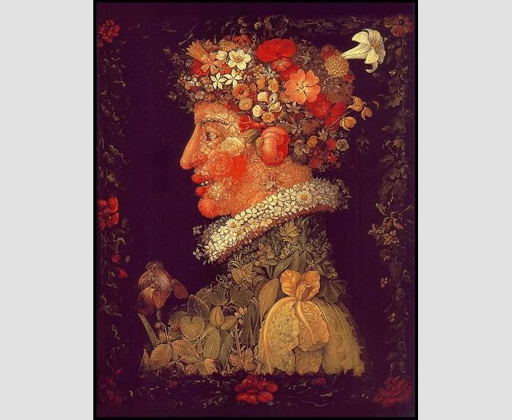 Portraits created with shapes of fruits, veggies and elements of nature by 16th century Italian mannerist artist from Renaissance period, Guiseppe Arcimboldo, Spring, 1573