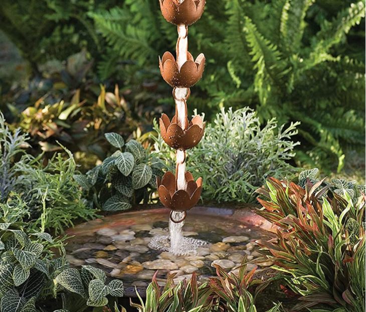 Ingenious and must-have garden gadgets, devices and items, The Lily Rain Chain, a hanging water feature powered by rain water
