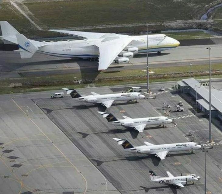 Photographs that show the size of objects and animals by comparison, The largest aircraft in the world next to normal airplanes