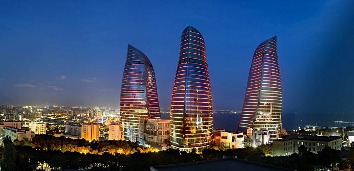 Must-see places in The Caucasus in Europe, Panoramic view of Baku at night, Azerbaijan