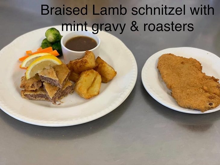 Delicious and healthy dishes made by Chef Kevin for nursing home, retirement home, care facility in Perthshire, Scotland, Braised lamb schnitzel with mint gravy and roasters
