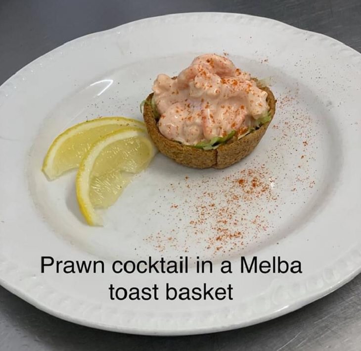 Delicious and healthy dishes made by Chef Kevin for nursing home, retirement home, care facility in Perthshire, Scotland, Prawn Cocktail in a Melba toast basket