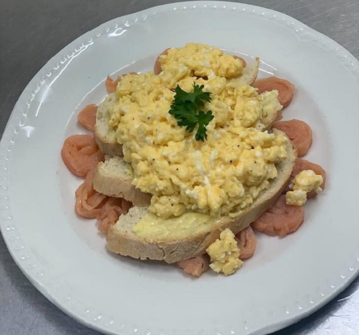 Delicious and healthy dishes made by Chef Kevin for nursing home, retirement home, care facility in Perthshire, Scotland, Salmon and scrambled eggs