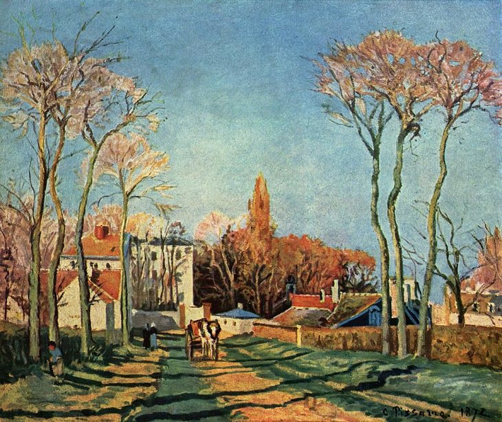 Best and most famous paintings by 19th century impressionist artist Camille Pissarro, Entrance to the village of Voisins, 1872