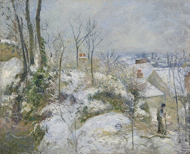 Best and most famous paintings by 19th century impressionist artist Camille Pissarro, The Rabbit-Warren, Côte Saint-Denis at Pontoise, Effect of Snow, 1879