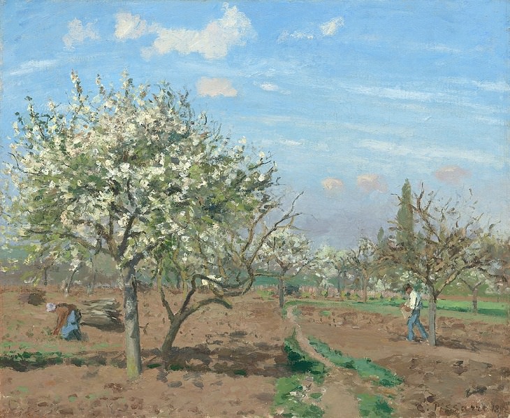 Best and most famous paintings by 19th century impressionist artist Camille Pissarro, Orchard in Bloom, Louveciennes, 1872