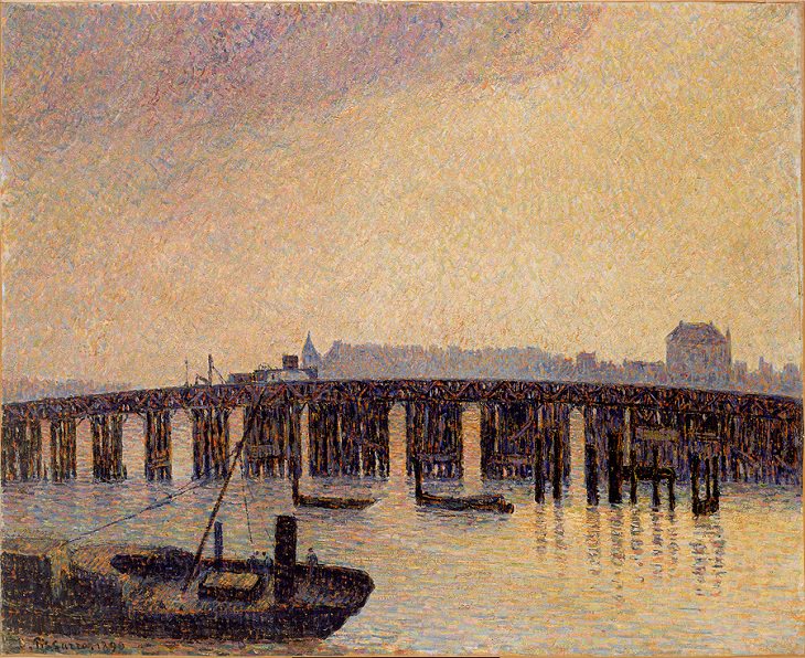 Best and most famous paintings by 19th century impressionist artist Camille Pissarro, Old Battersea Bridge / Old Chelsea Bridge, London, 1890
