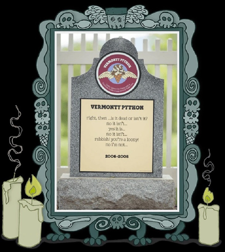 Recipes for the delicious ice cream flavors in Ben & Jerry’s Flavor Graveyard that can be resurrected, Vermonty Python, 2006-2008