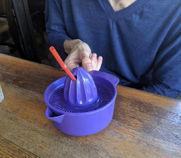 Hilariously creative replacements for plates, juice served with a straw in a juicer