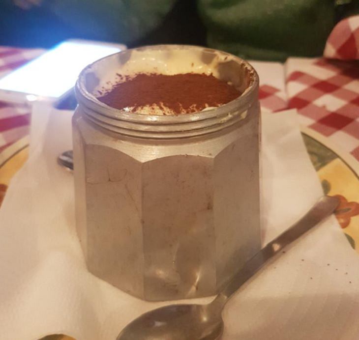 Hilariously creative replacements for plates, tiramisu in a metal moka pot