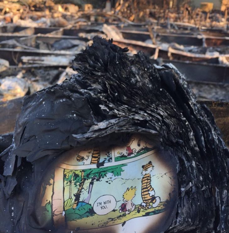 Los Desastres Naturales Captados En Estas Fotografías  “Estoy contigo”. Un mensaje de esperanza muy necesario de la última página de un libro de Calvin y Hobbes que apenas sobrevivió a los incendios de California