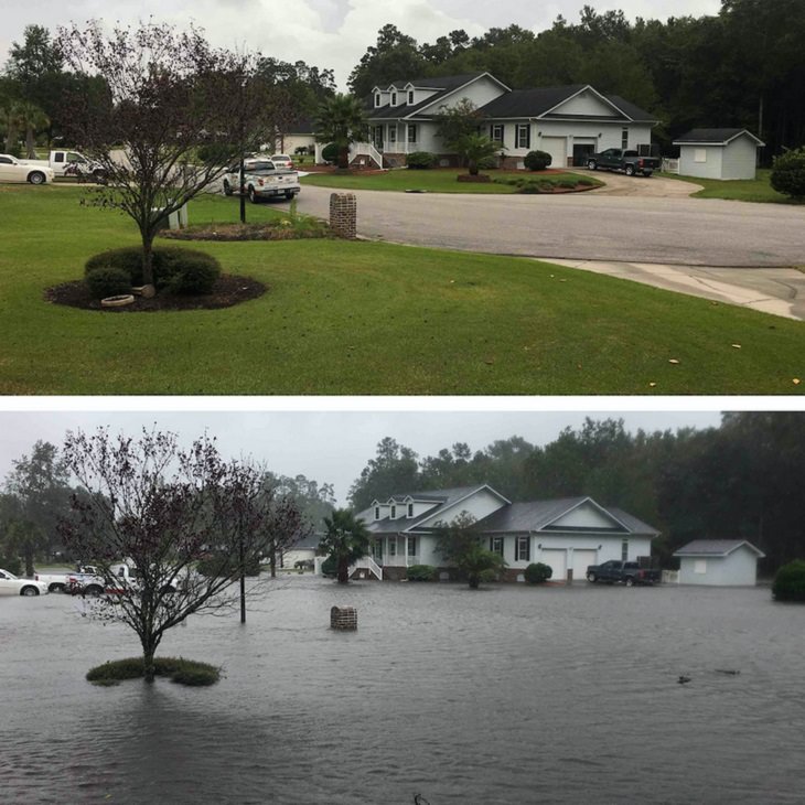 Photos showing the power and aftermath of natural disasters, before and after photos of a neighborhood and house flooded after a small hurricane hit
