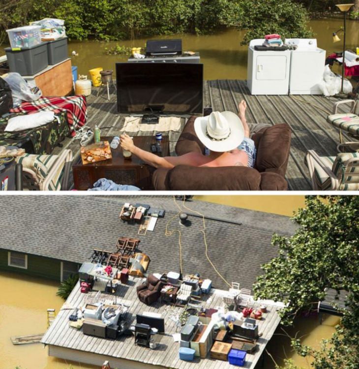 Photos showing the power and aftermath of natural disasters, man makes makeshift home on rooftop after house is submerged in floods