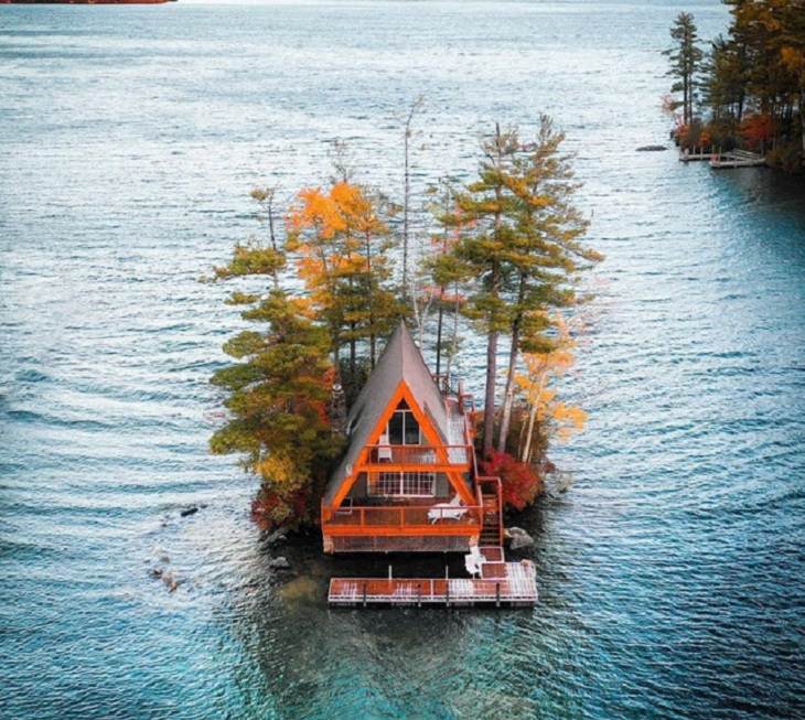 Beautiful artistic creations made by humankind and civilization over time, “The A Frame” and it’s floating dock, on Lake Winnipesaukee, New Hampshire